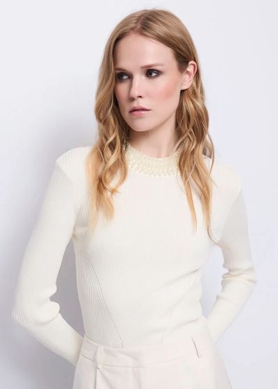 White ribbed women's blouse with pearls GAUDI (SKU)521FD53036