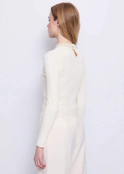 White ribbed women's blouse with pearls GAUDI (SKU)521FD53036