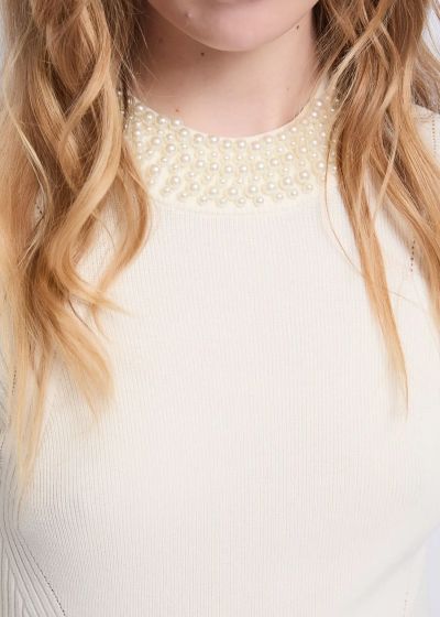 White ribbed women's blouse with pearls GAUDI (SKU)521FD53036