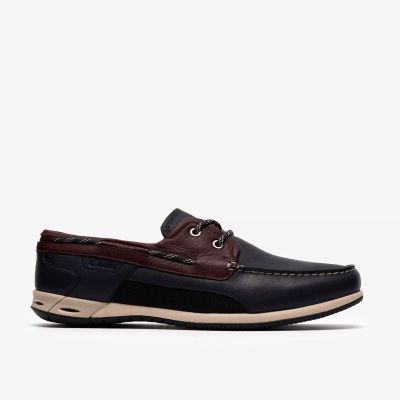 Мъжка кожена мокасина - тъмно синя с кафяви акценти CLARKS (SKU)26186198