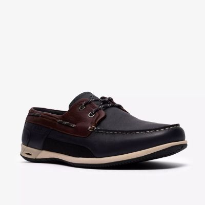 Мъжка кожена мокасина - тъмно синя с кафяви акценти CLARKS (SKU)26186198