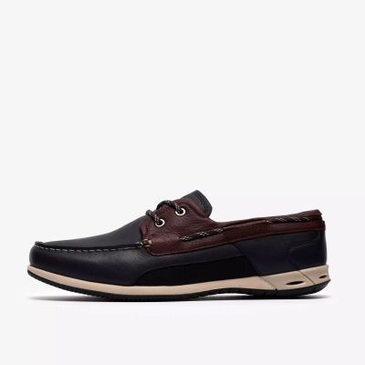 Мъжка кожена мокасина - тъмно синя с кафяви акценти CLARKS (SKU)26186198