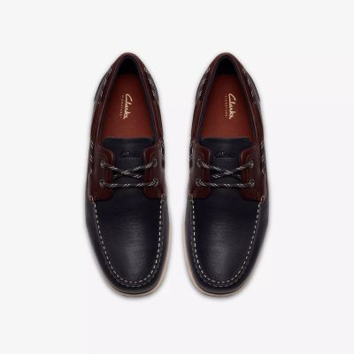 Мъжка кожена мокасина - тъмно синя с кафяви акценти CLARKS (SKU)26186198