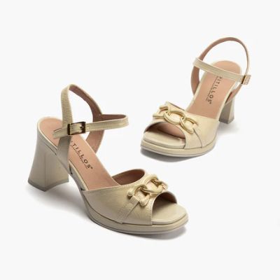 Elegant women's high-heeled sandals, cream lacquer - style and comfort PITILLOS (SKU)11222