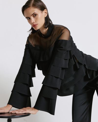 Дамска блуза с тюл и волани в черно ACCESS FASHION (SKU) 2024